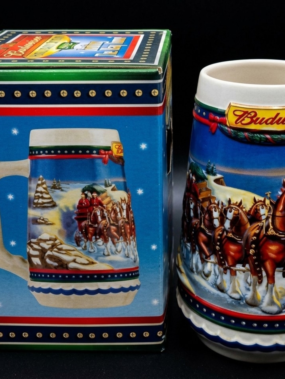 Budweiser Blue Holiday Ceramic Beer Stein with Clydesdale Scene